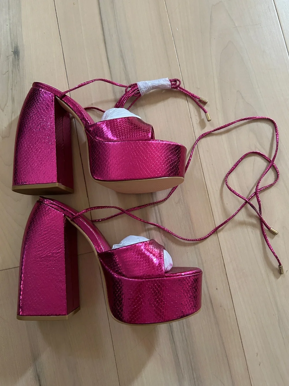 Metallic Pink Tie Ankle Chunky Platform Sandals Size 6